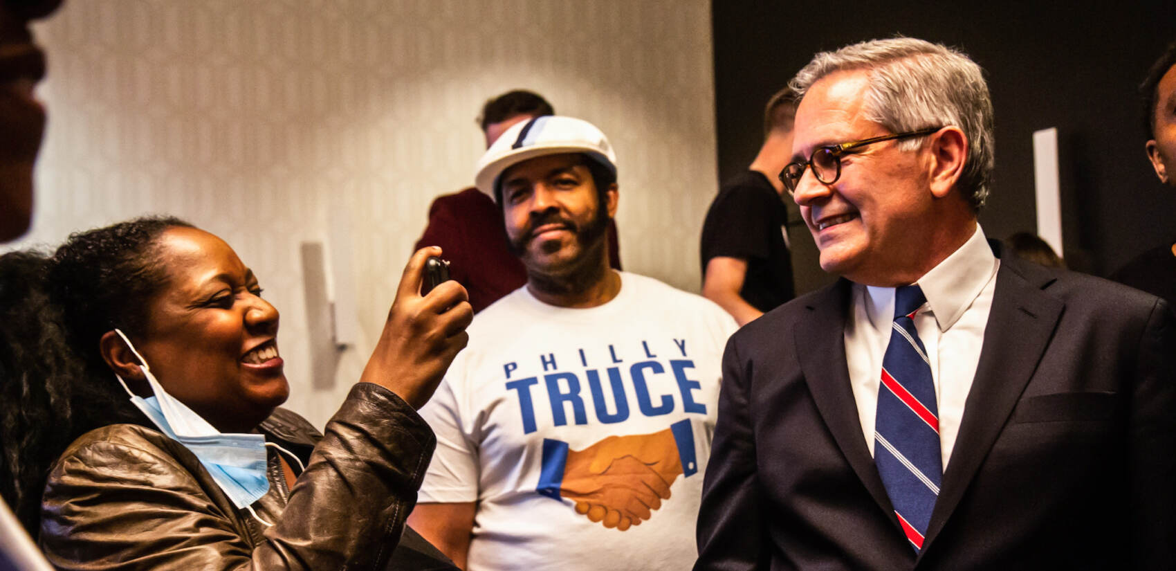 Philadelphia District Attorney Larry Krasner celebrates with supporters at his campaign party after recovering the Democratic nomination on May 18, 2021