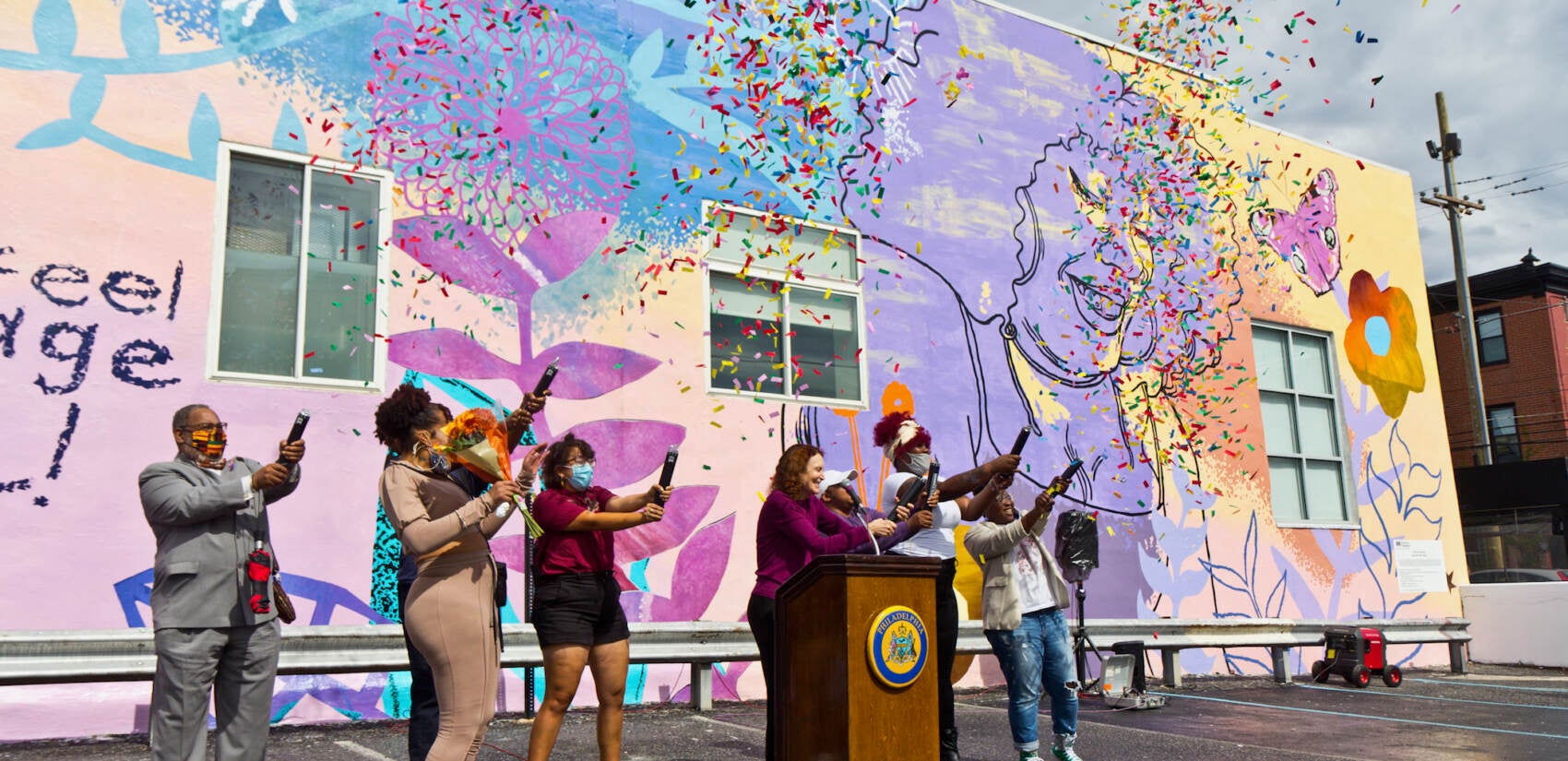Mural Arts staff joined Morris Home residents and alumni to celebrate the dedication of We Are Universal to Philadelphia’s trans community on Sept. 28, 2021