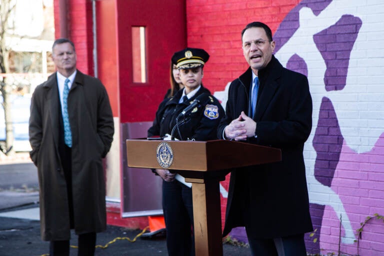 Pennsylvania AG Josh Shapiro joined Philadelphia Police Commissioner Danielle Outlaw to announce a decrease in shootings in the 18th and 19th police districts over the last six months at Christy Recreational Center in Southwest Philadelphia on December 14, 2021. (Kimberly Paynter/WHYY)