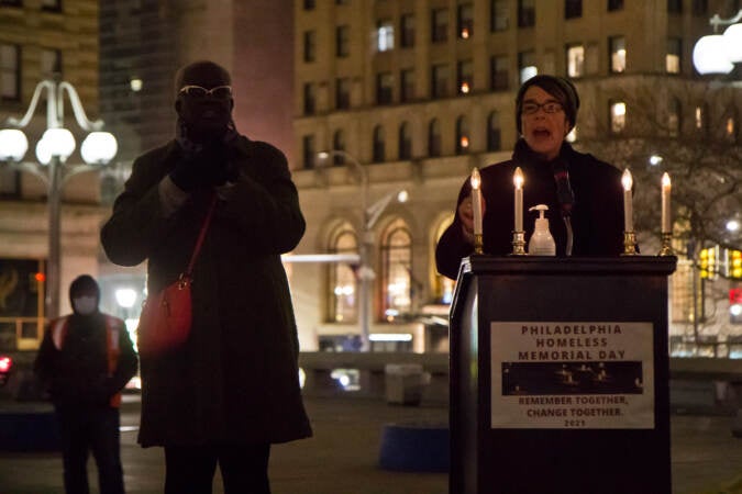 Project Home Executive Director Sister Mary Scullion speaks at Thomas Paine Plaza on Homeless Memorial Day in Philadelphia, Dec.21, 2021