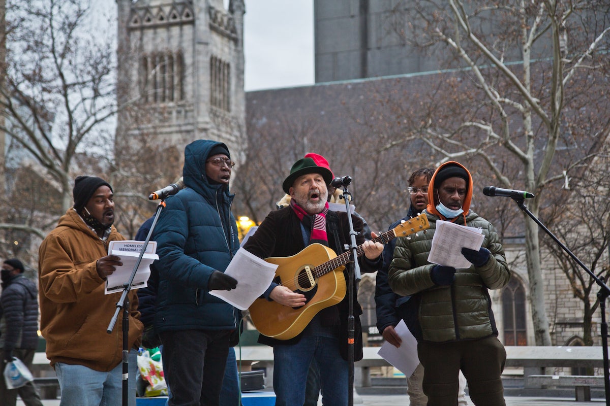 Barry Martin and the Good Shepherd Singers perform “Stand By Me,” at Homeless Memorial Day in Philadelphia on December 21, 2021