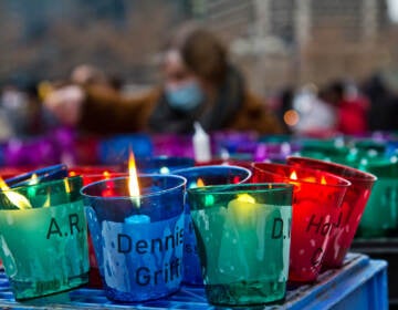 Over 300 votives bore the names of people who experienced homlessness, lost in 2021 at Homeless Memorial Day at Thomas Paine Plaza in Philadelphia on Dec. 21, 2021