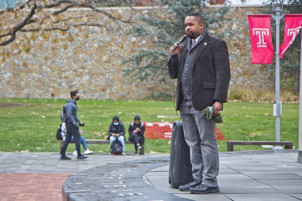 Pa. state Sen. Sharif Street speaks to a crowd at an anti-violence rally