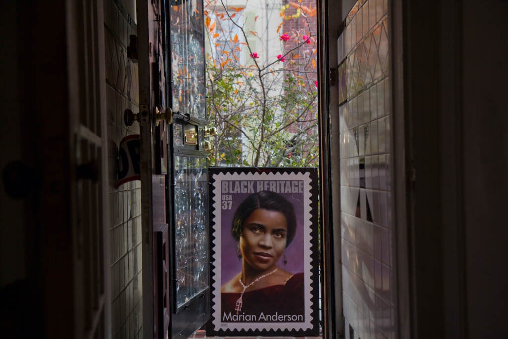 An enlarged photo of a Marian Anderson stamp is pictured