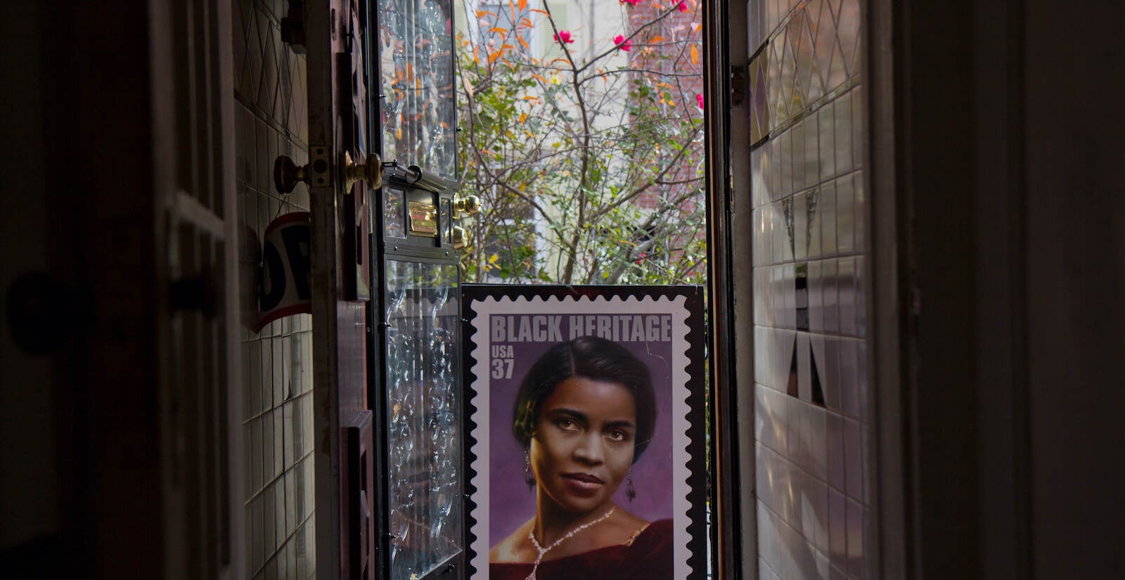 An enlarged photo of a Marian Anderson stamp is pictured