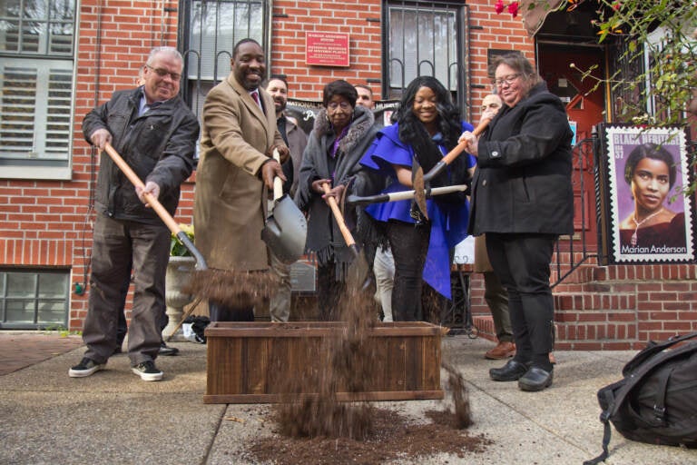 Board members of the Marian Anderson Museum, Philadelphia Councilmember Kenyatta Johnson, Jillian Patricia Pirtle, and others break ground outside the Marian Anderson museum