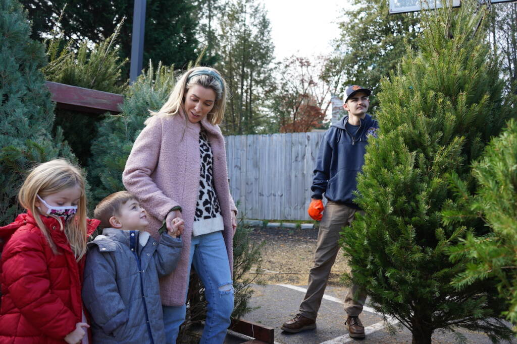 A few members of the Hurtado family hunt for the perfect Christmas tree with the help of the Gladwyne Fire Company. (Kenny Cooper/WHYY)