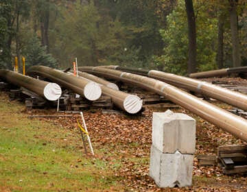 In this Oct. 22, 2019 file photo, pipes lay along a construction site on the Mariner East pipeline in a residential neighborhood in Exton, Pa