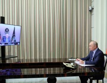 Russian President Vladimir Putin is shown during his talks with U.S. President Joe Biden via videoconference in the Bocharov Ruchei residence in the Black Sea resort of Sochi, Russia, Tuesday, Dec. 7, 2021. The video call between U.S. President Joe Biden and Russian President Vladimir Putin, during which the two leaders are expected to discuss tensions over Ukraine