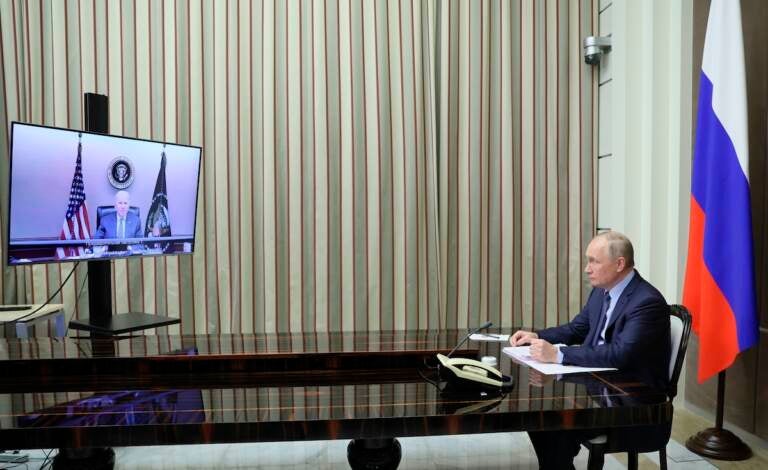 Russian President Vladimir Putin is shown during his talks with U.S. President Joe Biden via videoconference in the Bocharov Ruchei residence in the Black Sea resort of Sochi, Russia, Tuesday, Dec. 7, 2021. The video call between U.S. President Joe Biden and Russian President Vladimir Putin, during which the two leaders are expected to discuss tensions over Ukraine