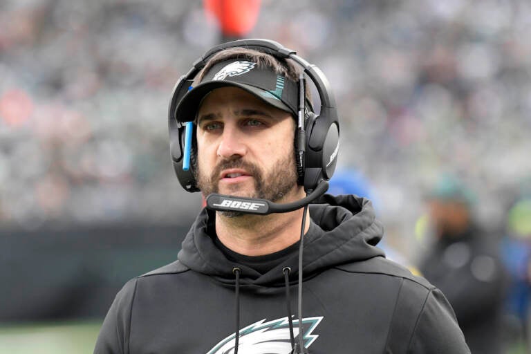 Philadelphia Eagles head coach Nick Sirianni looks on during the second half of an NFL football game against the New York Jets, Sunday, Dec. 5, 2021, in East Rutherford, N.J.