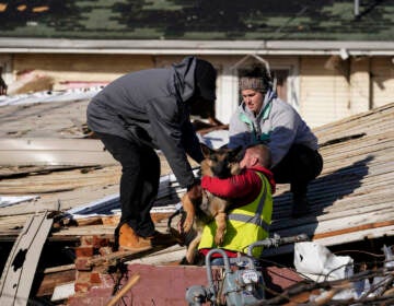 Dog owner Derrick Starks, left, Chris Buchanan, center and Niki Thompson, right, both from neighboring counties, attempt to rescue Cheyenne, the dog, from a tornado damaged home in Mayfield, Ky., on Saturday, Dec. 11, 2021. Tornadoes and severe weather caused catastrophic damage across multiple states Friday, killing several people overnight