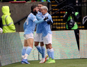 New York City FC forward Valentin Castellanos (11) celebrates his goal with teammates during the first half of the MLS Cup soccer match against Portland Timbers on Saturday, Dec. 11, 2021, in Portland, Ore