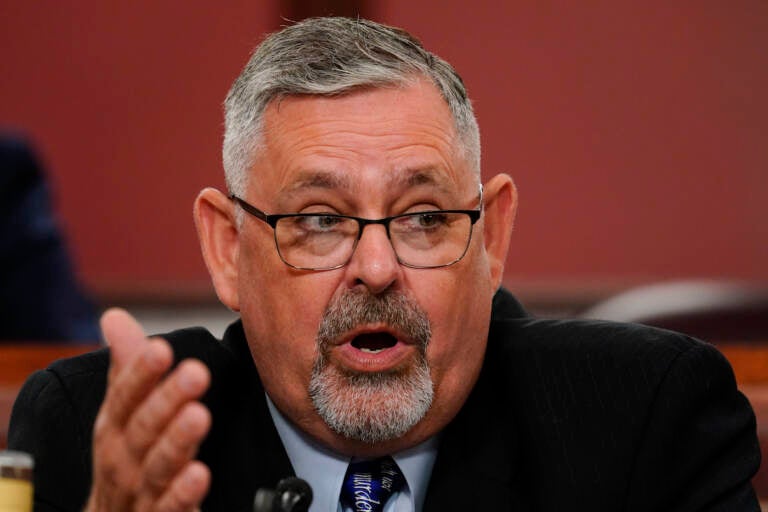 Chairman of the Senate Intergovernmental Operations Committee Sen. Cris Dush, R-Jefferson, speaks during a hearing at the Pennsylvania Capitol in Harrisburg, Pa., Wednesday, Sept. 15, 2021.   (AP Photo/Matt Rourke)