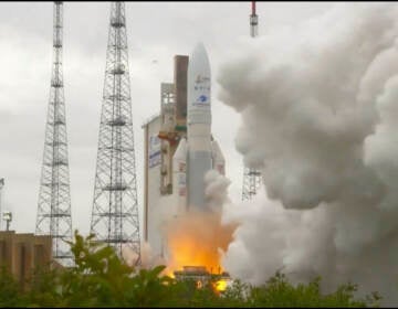 In this image released by NASA, Arianespace's Ariane 5 rocket with NASA's James Webb Space Telescope onboard, lifts off Saturday, Dec. 25, 2021, at Europe's Spaceport, the Guiana Space Center in Kourou, French Guiana. The $10 billion infrared observatory is intended as the successor to the aging Hubble Space Telescope