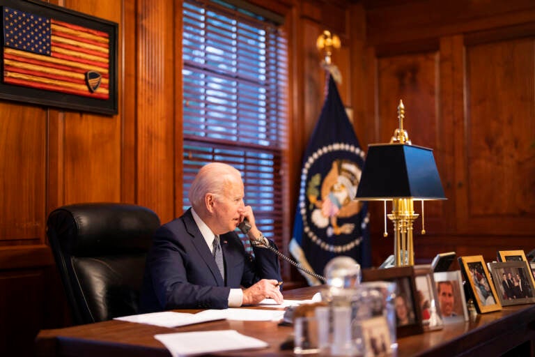 President Joe Biden holds a phone call with Russian President Vladimir Putin, Thursday, December 30, 2021, at his private residence in Wilmington, Delaware