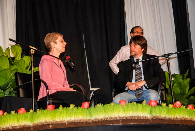 Terry Gross interviewing Ken Burns on stage