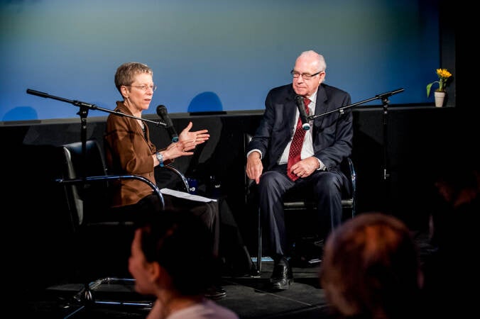 Terry Gross interviewing Carl Kasell on stage