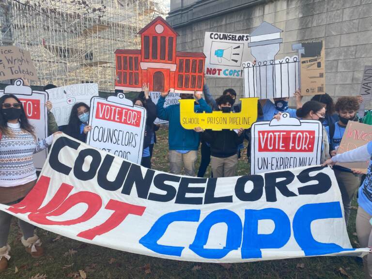 Student activists at a rally in support of a bill that would address policing in schools at the New Jersey Statehouse in Trenton. (Tennyson Donyéa/WHYY)