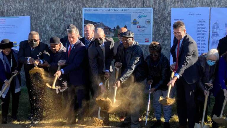 State leaders joined former students to break ground a renovation project at Hockessin School 107C on Tuesday morning. (Mark Eichmann/WHYY)