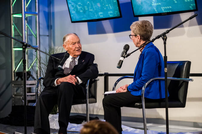 Terry Gross interviewing Jack Bogle on stage