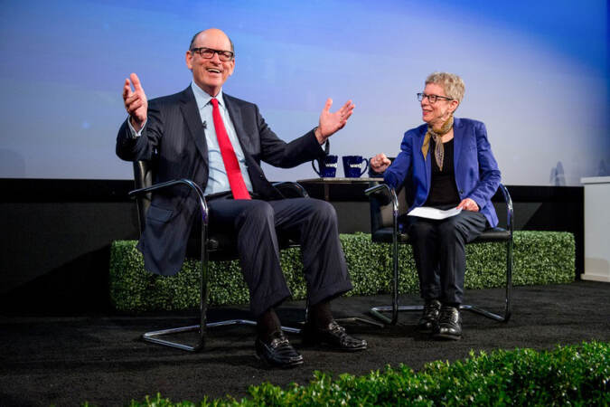 Terry Gross interviewing Joe Neubauer on stage