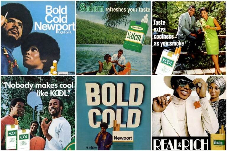 A collage of 1960s and 1970s menthol cigarette advertisements that targeted Black Americans.