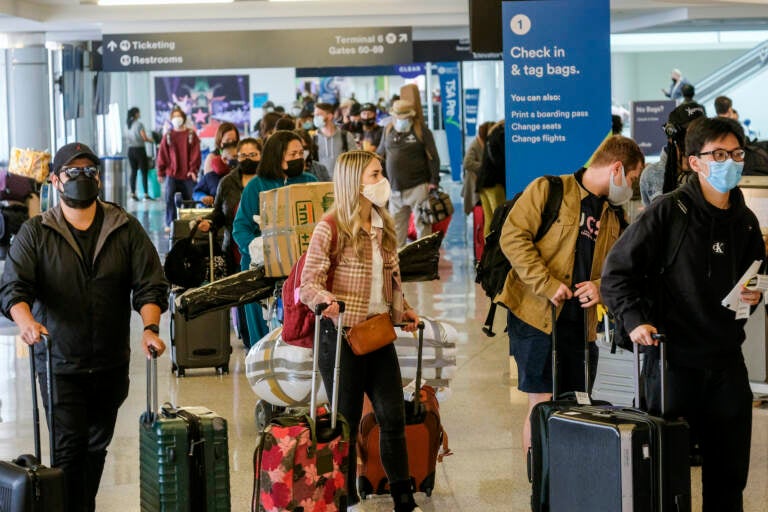 Travelers wearing face masks line to check in at the Los Angeles International Airport