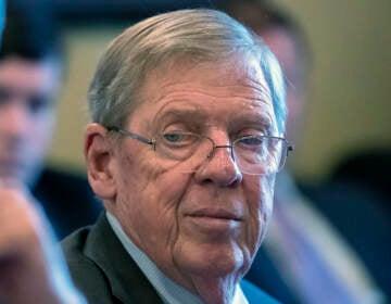 FILE - In this Feb. 14, 2019 photo, Sen. Johnny Isakson, R-Ga., leads a meeting on Capitol Hill in Washington. Isakson, an affable Georgia Republican politician who rose from the ranks of the state Legislature to become a U.S. senator, has died. He was 76. Georgia Gov. Brian Kemp’s office confirmed the death in a news release Sunday, Dec. 19, 2021. (AP Photo/J. Scott Applewhite, File)