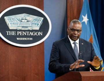 Secretary of Defense Lloyd Austin speaks during a media briefing at the Pentagon