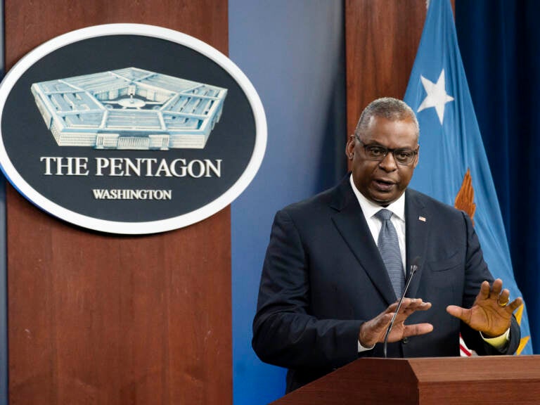 Secretary of Defense Lloyd Austin speaks during a media briefing at the Pentagon