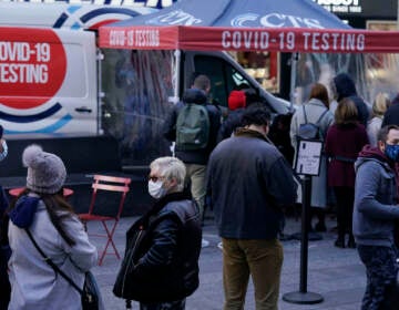 People wait in line at a COVID-19 testing site in Times Square