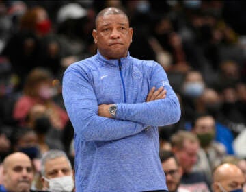 Philadelphia 76ers head coach Doc Rivers looks on during the first half of an NBA basketball game