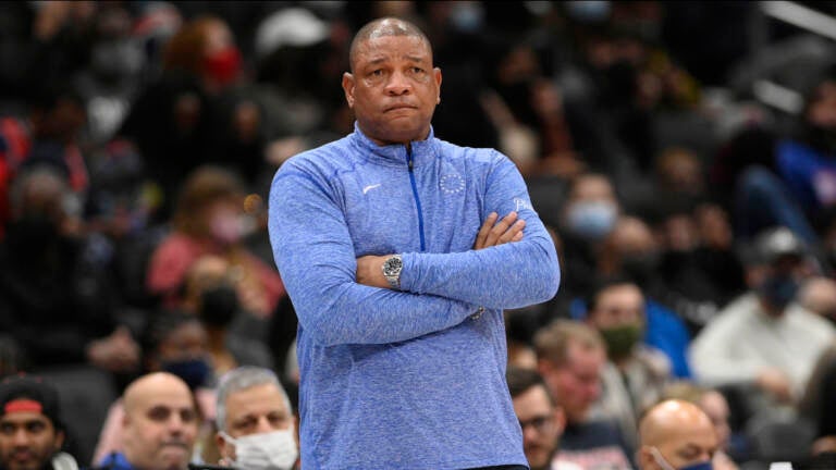 Philadelphia 76ers head coach Doc Rivers looks on during the first half of an NBA basketball game