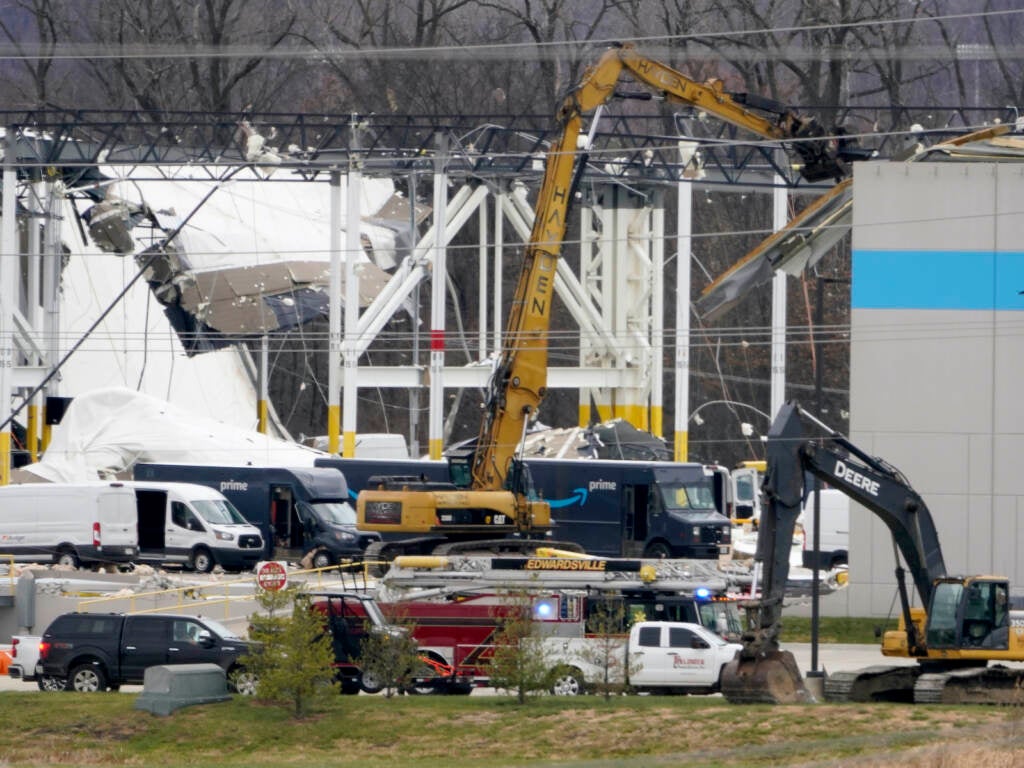 A heavily damaged Amazon fulfillment center
