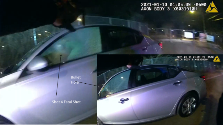 This photo from the Attorney General's report shows the Officer Roberto Ieradi's body camera footage of his fourth and fatal shot of Lymond Moses. (State of Delaware)