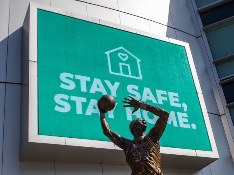 The Staples Center is seen in downtown Los Angeles with a sign that reads, 