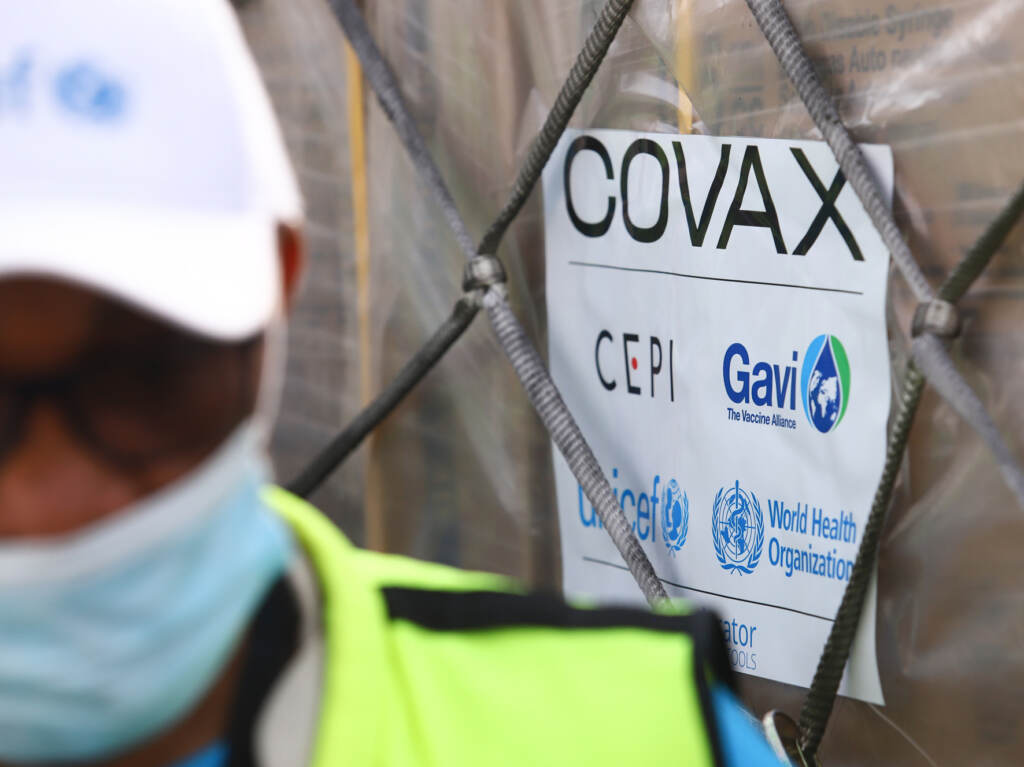 A Covax tag on a shipment of COVID-19 vaccine