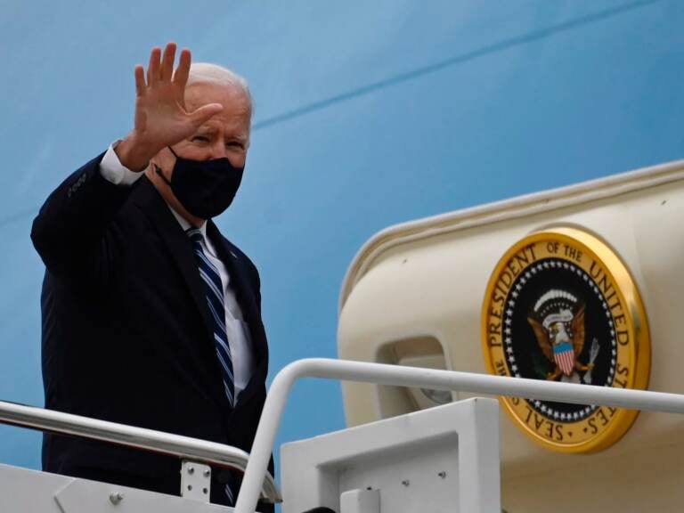 U.S. President Joe Biden waves from Air Force One before departing from Andrews Air Force Base, Maryland on March 16, 2021, en route to visit a small business in Chester, Pennsylvania to highlight how the American Rescue Plan helps small businesses. (Photo by ANDREW CABALLERO-REYNOLDS / AFP) (Photo by ANDREW CABALLERO-REYNOLDS/AFP via Getty Images)