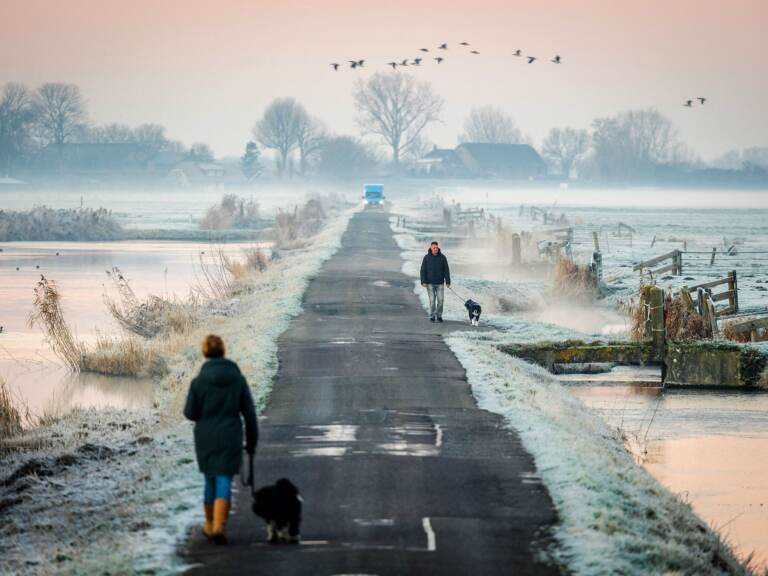 People walk their dogs along a narrow road as the first winter frost blankets the fields in Oudeland van Strijen in the Netherlands on Tuesday. It's the shortest day of the year and official start of winter. (Jeffrey Groeneweg/ANP/AFP via Getty Images)