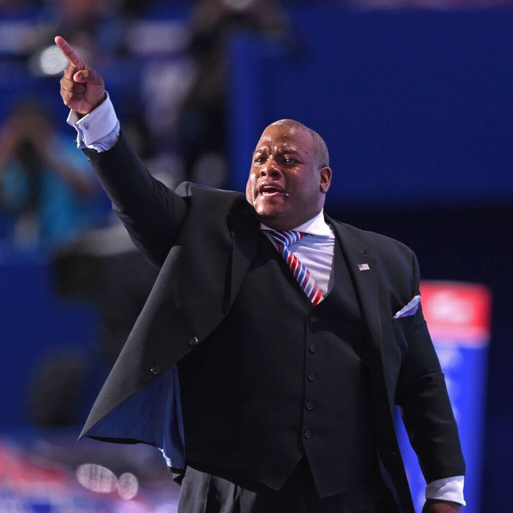 Pastor Mark Burns addresses delegates on the final night at the Republican National Convention