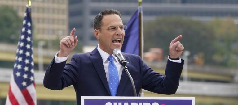 Josh Shapiro speaks to a crowd during his campaign launch