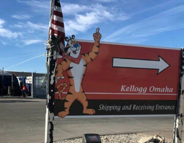 A Tony the Tiger decal gestures nexts to a sign that says Kellogg Omaha