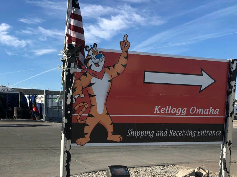 A Tony the Tiger decal gestures nexts to a sign that says Kellogg Omaha