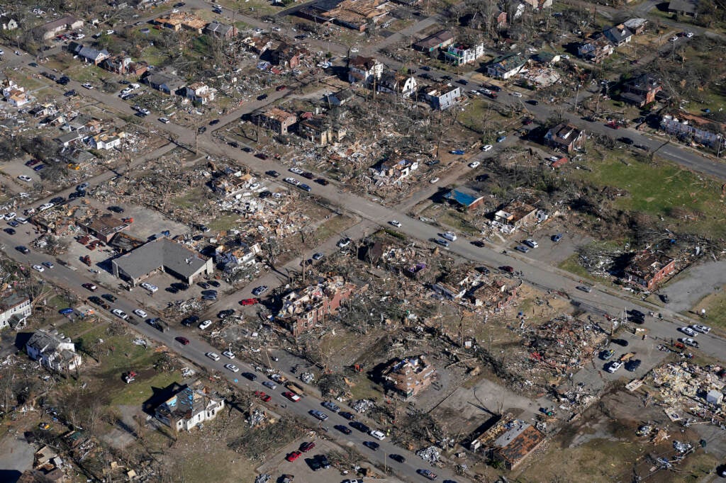 Destruction in downtown Mayfield is seen in an aerial photo