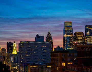 The Philadelphia skyline is pictured at night