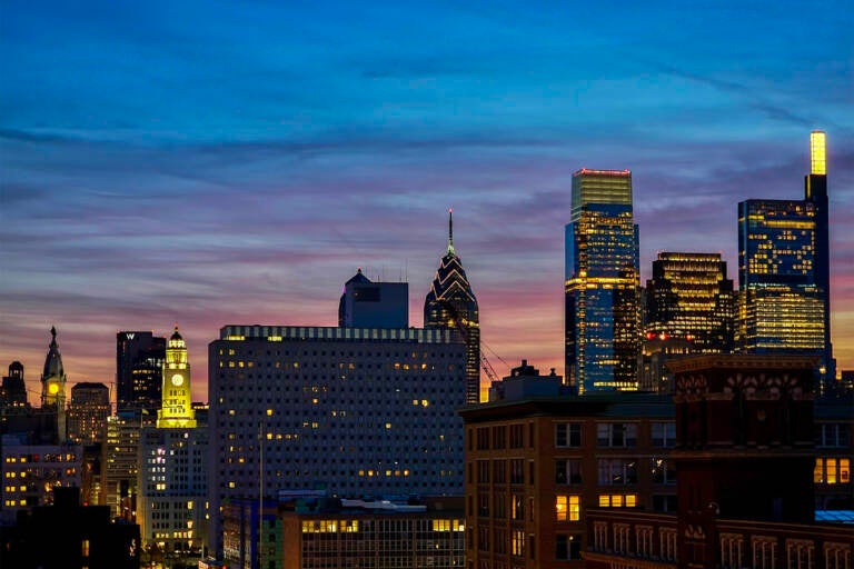 The Philadelphia skyline is pictured at night