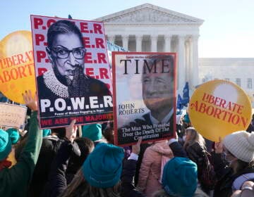 People demonstrate in front of the U.S. Supreme Court