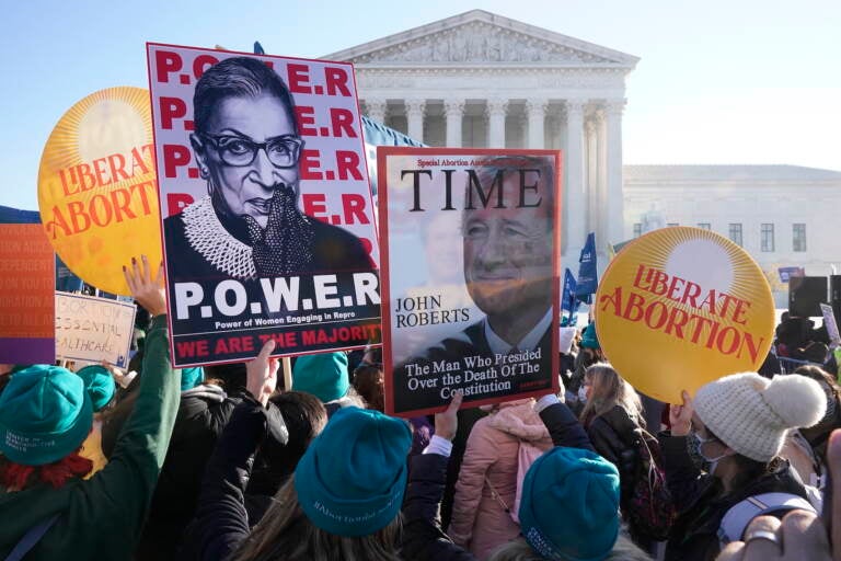 People demonstrate in front of the U.S. Supreme Court