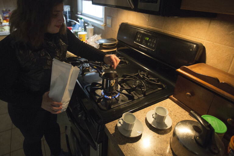 Sandy Khabbazeh makes a pot of Syrian coffee